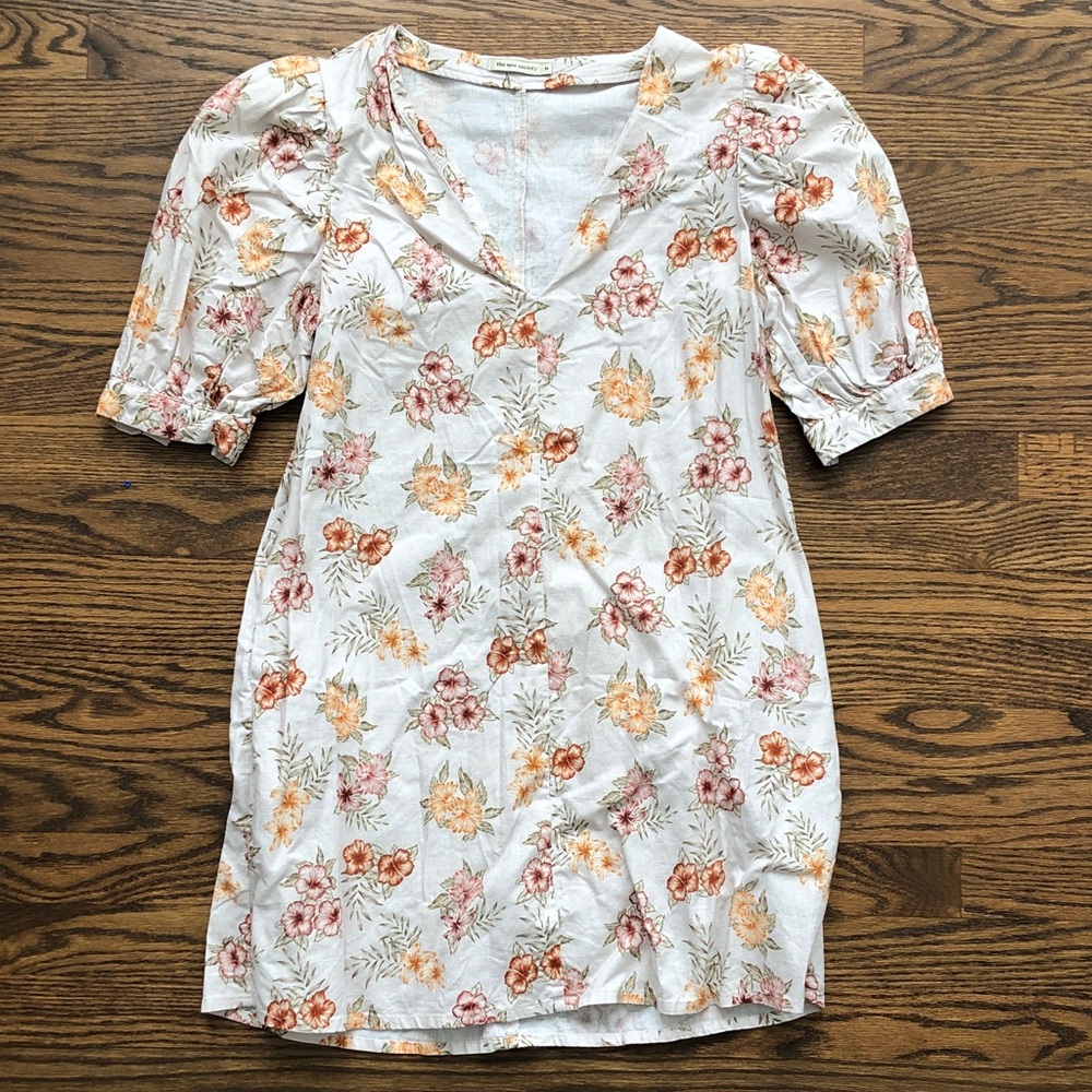 The new society floral linen cotton blend poof sleeve dress